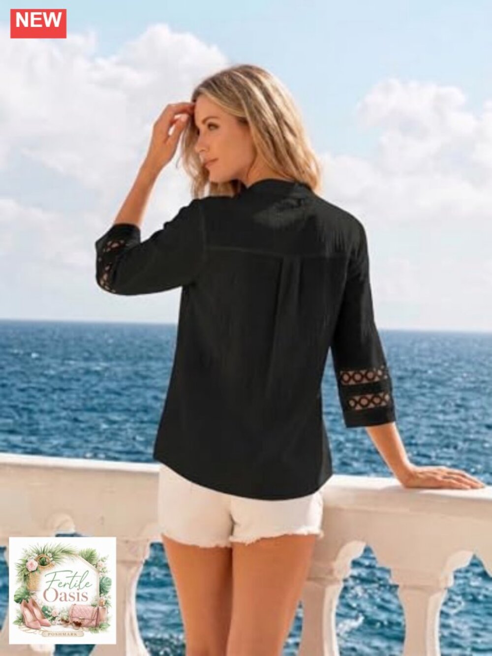 3/4 Sleeve V-Neck Pleated Blouse for Women Dressy Casual Office Top - Picture 2 of 6
